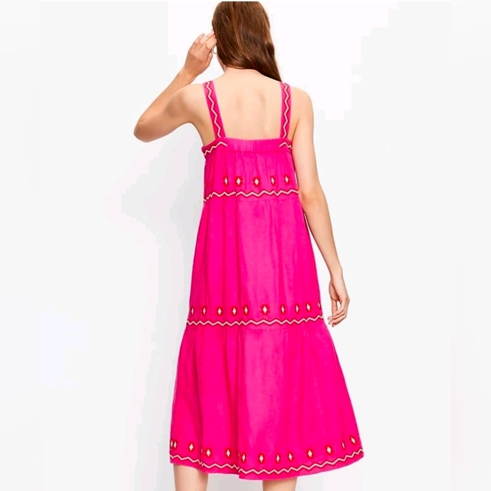 LOFT Bright Pink Midi Dress with Embroidered Tiered Square Neck Size M - Picture 3 of 7